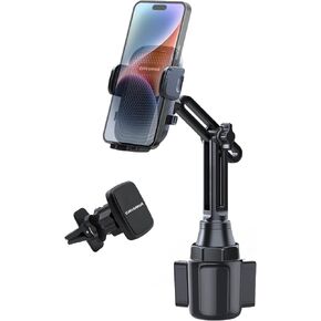 Dual Phone Holder for Car Cup Holder – Long Flexible Neck, 360° Rotatable Car Phone Mount - Adjustable Cell Phone Cup Holder, Universal Size Fits 2 iPhone, Samsung, GPS and More (Cradle)