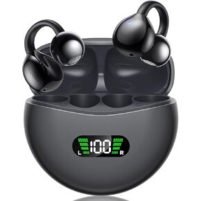 Wireless Earbuds Open Ear Clip On Headphones with LED Digital Display Charging Case Touch Control Bluetooth 5.4 Air Conduction Sport Earphones for Running Fitness, Medium Purple