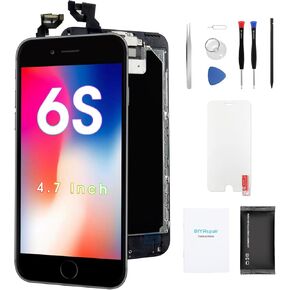 لاستبدال شاشة iPhone 6S 4.7 ' - LCD Complete Repair Kit عرض مجموعة أرقام اللمس ثلاثية الأبعاد مع سماعة الأذن ، والكاميرا الأمامية ، ومستشعر القرب ، والزجاج المقسى ، والأدوات ، والتعليم الأسود