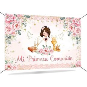 Mocsicka Mi Primera Comunion Banner Banner Backdrop for Girls Pink Floral God Bass First Communion Photo Photo Photo Photo Photo Booth Props 70.8 × 43.3 Inch