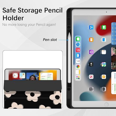 Case for iPad 6th/ 5th Generation 9.7 inch (2018/2017), iPad Air 2 & 1 (2014/2013), Protective Case with Pencil Holder, Auto Wake/Sleep Cover for iPad 6th Gen, Black Flowers in Kuwait