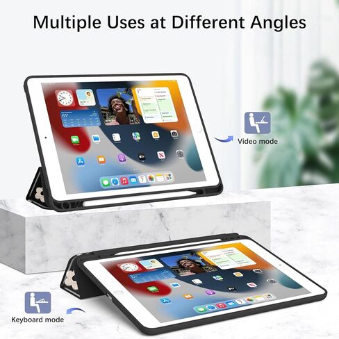 Case for iPad 6th/ 5th Generation 9.7 inch (2018/2017), iPad Air 2 & 1 (2014/2013), Protective Case with Pencil Holder, Auto Wake/Sleep Cover for iPad 6th Gen, Black Flowers in Kuwait