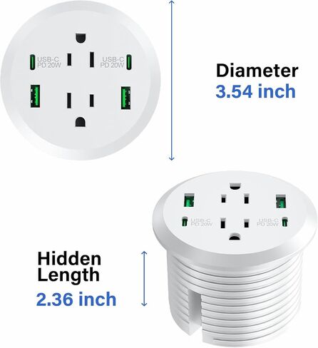Desktop Power Grommet, 3-inch Hole, 40W Fast Charging Station, 2 PD 20W USB C Ports, 2 AC Outlets, 4 USB Ports, Flush Mount, 2 Pack in Saudi Arabia