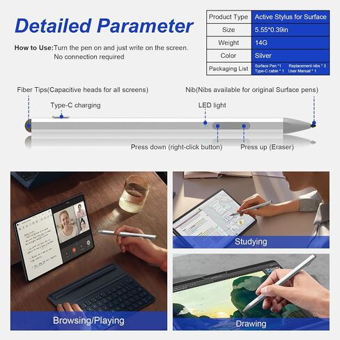 Surface Pen Stylus for Microsoft Surface Pro 11/10/X/9/8/7/7+/6/5/4/3, Surface Go 4/3/2/1, Surface Laptop/Studio/Book 4/3/2/1 Stylus Pen with Palm Rejection, 4096 Pressure, Magnetic, 4Nibs,Rehargeable in Saudi Arabia