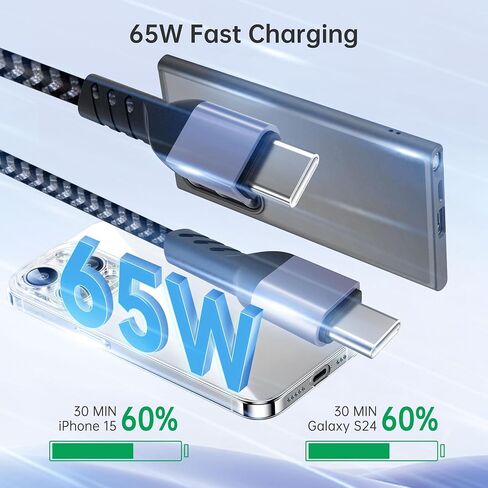 YISH USB C to USB C Cable, 60W PD3.0 USB C Cable Nylon Braided (3.3ft/1m, 2Pack), Type C Fast Charging Cable Compatible with iPhone 15 Pro Max Plus iPad MacBook Samsung 24/23 Switch Google Pixel in Saudi Arabia