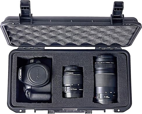 Waterproof Hard Storage Case For Canon EOS Rebel T7 DSLR Camera with EF18-55mm + EF 75-300mm Lens, Camera Protective Waterproof case with Foam (Camera/18-55mm&75-300mm Lenses case) in Kuwait