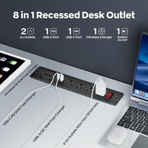 Recessed Power Strip with 15W Wireless Charger,Furniture Recessed Outlet with USB C Fast Charging,Desktop Charging Station & 2 Outlets,2 USB Ports Table Power Strip for Furniture, Home, Office. in Saudi Arabia