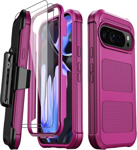 for Google Pixel 9 Pro XL Case with 2X Screen Protector + [Kickstand & Belt Clip Holster], Military-Grade Drop Protection Bumper Heavy Duty Phone Case for Google Pixel 9 Pro XL (Burgundy) in Kuwait