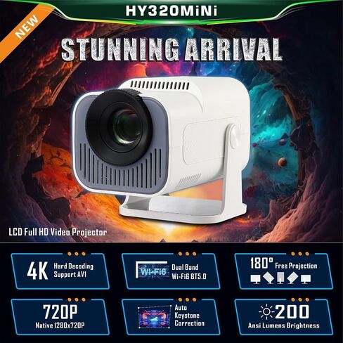 Mini Projector,HY320 Mini 4K 200 ANSI Projector with Wifi 6 and Bluetooth 5, Portable Projector Auto Keystone Correction,30"-130" Screen,180°Rotatable, Android 11.0 Smart Movie Projector in Saudi Arabia