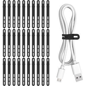 30Pcs Silicone Cable Ties - Reusable, Washable with Adjustable Locking Design, High Elasticity Cable Strap Ties for Home, Office, Kitchen, School, Travel Essential Cord Organizer (Black)