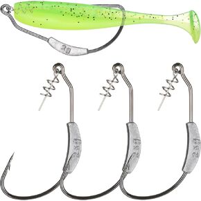 Twistlock Fishing Hooks with Weight, 25pcs Worm Hooks with Centering Pin Spring Weighted Swimbait Hooks for Soft Plastic Lures Baits Bass Fishing