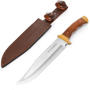 FLISSA 14-inch Bowie Knife, Full-tang Fixed Blade with Wood Handle, Hunting Knife with Leather Sheath for Outdoor Survival, Camping, Hiking