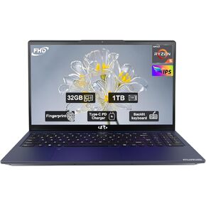 NIMO 15.6" IPS FHD-Laptop, 32GB RAM 1TB SSD AMD Ryzen 5(Beat i3 1215U 4 Cores Up to 3.7GHz) Business Laptops, Computer with Backlit Keyboard Fingerprint Laptop for Student and Home Blue