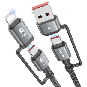 SUNGUY 4-in-1 Charging Cable 2FT, MAX 240W Multi Charge Cable with Lighting/Type C/USB A Port, USB A/Lighting to USB C Cable Adapter for iPhone 16/15/14 Pro Max, Galaxy S24 S23 and More