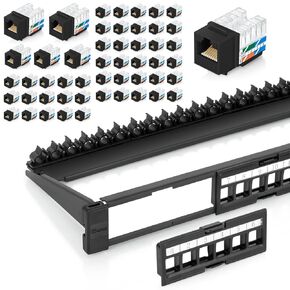 Everest Media Solutions Bundle – 2 Items: 24-Port Keystone Patch Panel + 50 Pack of RJ45 CAT6 Keystone Jacks - Black