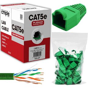 Cmple - Green Cat5e Ethernet Cable 1000ft Bulk Unshielded Twisted Pair (UTP), Solid 24AWG + 50 Pack Green RJ45 Strain Relief Boots for Ethernet RJ45 LAN Cable Bundle