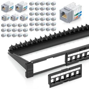 Everest Media Solutions Bundle – 2 Items: 24-Port Keystone Patch Panel + 50 Pack of RJ45 CAT6 Keystone Jacks - Gray