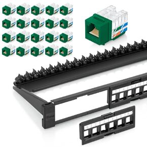 Everest Media Solutions Bundle – 2 Items: 24-Port Keystone Patch Panel + 20 Pack of RJ45 CAT6 Keystone Jacks - Green