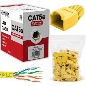 Cmple - Yellow Cat5e Ethernet Cable 1000ft Bulk Unshielded Twisted Pair (UTP), Solid 24AWG + 50 Pack Yellow RJ45 Strain Relief Boots for Ethernet RJ45 LAN Cable Bundle