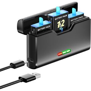 for Gopro 12 11 10 9 Battery Replacement with Charger Kit, 3 Pack 2000mAh Batteries Pack with 3-Channel LED Universal Charger Case for Gopro 12 11 10 9 Enduro Black with Fast Charging USB C Cable