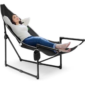 VIVOSUN Chaise Lounge, 2-in-1 Reclining Chair with Footrest/Armrests, Cup Holder, Storage Pocket, and Carry Bag, Support 300 lb, for Camping, Beach, Poolside, and Patio, Black