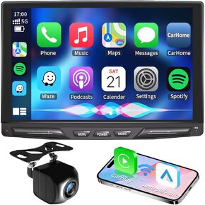 10.1" 360 Degree Rotation Single Din Car Stereo Wireless Apple Carplay Android Auto Radio with IPS Touch Screen, Bluetooth 5.2 Car Audio Receiver, Voice Control，Subwoofers, Backup Camera, FM/AM, SWC