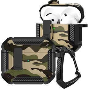CCSmall for AirPods 4th Case Camouflage with Carabiner Keychain, Full Body Shockproof Drop Protection Cover with Secure Lock Case for AirPods 4 Generation,Camo Green