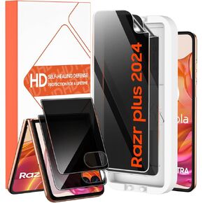 for Motorola Razr + Plus 2024 Privacy Screen Protector, 2 Pac Inner Screen Protector [Mounting Kit] 2 Pack External Tempered Film, Anti-peeping,Touch Sensitive, No bubbles, No Creases, Newbie Friendly