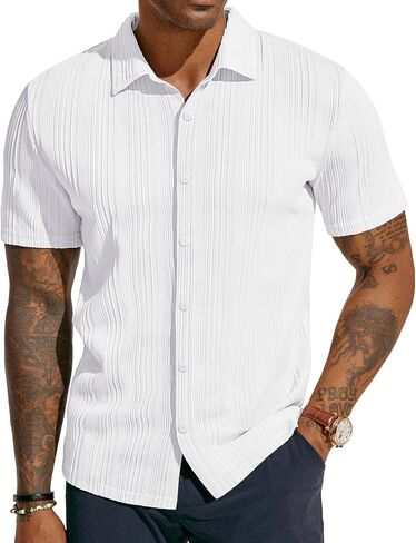 قميص رجالي من PJ PAUL JONES بأكمام قصيرة وأزرار للأسفل للشاطئ، قمصان صيفية كاجوال خالية من التجاعيد in Kuwait