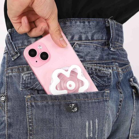 Clear Phone Grip with Expanding Kickstand, Cute Flower Design Collapsible Cell Phone Stand Holder Compatible with Kindle, Smartphone Tablet Cell Phone Accessory (Adhesive Type, White) in Saudi Arabia