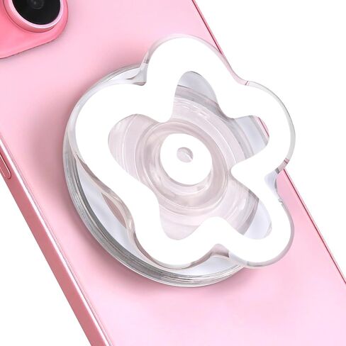Clear Phone Grip with Expanding Kickstand, Cute Flower Design Collapsible Cell Phone Stand Holder Compatible with Kindle, Smartphone Tablet Cell Phone Accessory (Adhesive Type, White) in Saudi Arabia