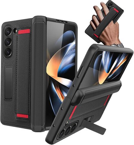 NINKI for Samsung Galaxy Z Fold 5 5G Case with Screen Protector,Hinge Protection Cover for Fold 5 with Magnetic Kickstand and Wrist Strap Wireless Charging Leather Case for Z Fold 5 Black Red in Saudi Arabia