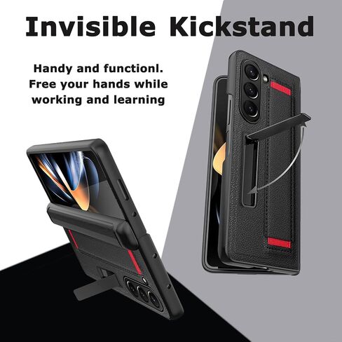 NINKI for Samsung Galaxy Z Fold 5 5G Case with Screen Protector,Hinge Protection Cover for Fold 5 with Magnetic Kickstand and Wrist Strap Wireless Charging Leather Case for Z Fold 5 Black Red in Saudi Arabia
