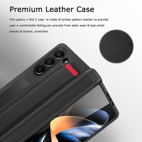 NINKI for Samsung Galaxy Z Fold 5 5G Case with Screen Protector,Hinge Protection Cover for Fold 5 with Magnetic Kickstand and Wrist Strap Wireless Charging Leather Case for Z Fold 5 Black Red in Saudi Arabia