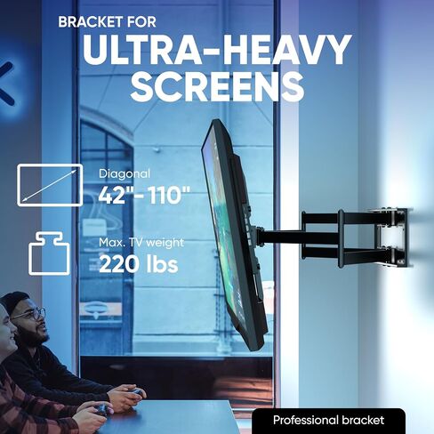 ONKRON Full Motion TV Wall Mount 42-110", 220 lbs, max VESA 800x600, Black | Heavy duty TV mount, extra long 40.5" extension arm, swivel, tilt, rotation; for home theater, office, retail & signage in Kuwait