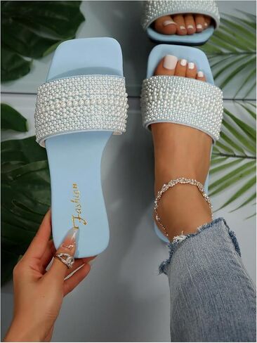 Verdusa Women's Pearls Slide Sandals Open Toe Slip On Summer Sandals in Saudi Arabia
