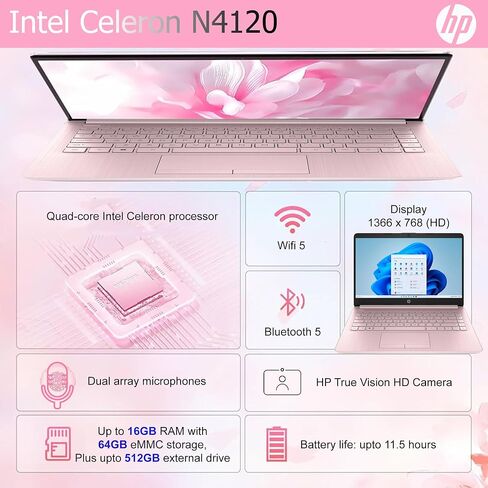 HP Ultralight 14 inch Laptop with Intel 4-Core Processor • with Microsoft 365 and Wireless Earbuds • 16GB RAM • 128GB External & 64GB Onboard & 1TB Cloud Storage • HD Display • Pink • Windows 11 in Saudi Arabia