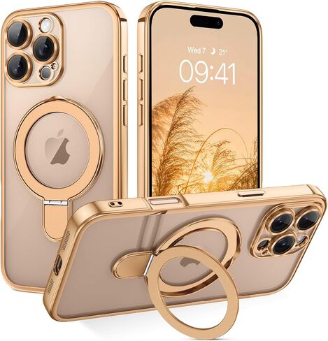GUAGUA for iPhone 16 Pro Max Case with Stand, Magnetic Clear Cases Plating Edge Invisible Ring Holder Slim Shockproof Protective Kickstand Phone Case for iPhone 16 Pro Max 6.9'', Desert Titanium Gold in Kuwait