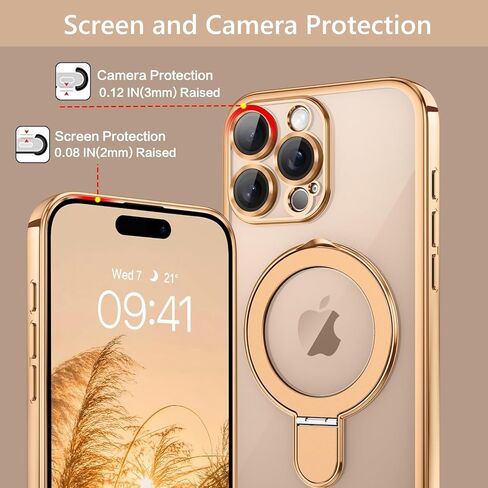 GUAGUA for iPhone 16 Pro Max Case with Stand, Magnetic Clear Cases Plating Edge Invisible Ring Holder Slim Shockproof Protective Kickstand Phone Case for iPhone 16 Pro Max 6.9'', Desert Titanium Gold in Kuwait