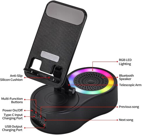 Birthday Gifts for Men Women Her Him Cell Phone Stand with Wireless Bluetooth Speaker and Charger and Colorful Ambient Light HD Surround Sound with Phones Tablets Cool Gadget for Men (White) in Saudi Arabia