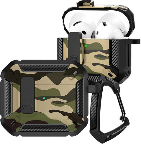 CCSmall for AirPods 4th Case Camouflage with Carabiner Keychain, Full Body Shockproof Drop Protection Cover with Secure Lock Case for AirPods 4 Generation,Camo Green in Saudi Arabia
