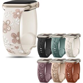 Witzon Floral Band Compatible with Apple Watch Bands For Women 41mm 40mm 38mm 42mm 44mm 45mm 46mm 49mm, Engraved Cute Flower Soft Silicone Inlay Strap for iWatch Series 10 9 8 7 6 5 4 3 2 1 SE Ultra