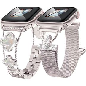 سلسلة ارتباطات النجوم البرسيم ونسخة شبكية من الفولاذ المقاوم للضوء للسيدات من أجل Apple Watch 38/41/41/42 مم (S10) ، فرقة لامعة قابلة للتعديل ، متوافقة مع السلسلة 1/2/3/5/6/6/7/8/10/10/SE