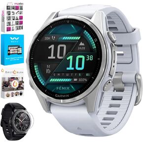 Garmin 010-02903-00 Fenix ​​8 43 Mm ، AMOLED ، Silver with Whitestone Silicone Banddle مع Tech Smart USA Litness & Wellness Suite + Round Round Glass Screen