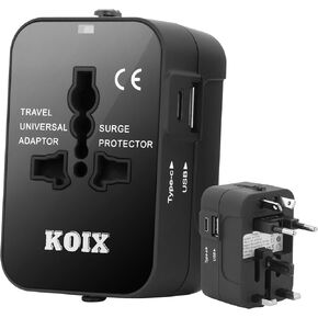 KOIX Universal Travel Adapter - All-in-one Worldwide Plug Adapter & Converter for Travels - Compatible with Apple Devices - USB-A, USB-C - Black