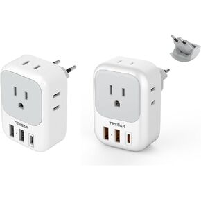 TESSAN European Travel Plug Adapter with 4 AC 3 USB (1 USB C PD 20W), Foldable Plug Type C, for US to Most of EU (Spain, France, Italy, Germany, Portugal, Iceland)