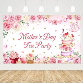 MEHOFOND Mother's Day Tea Party Decorations Backdrop Banner Pink Floral Mother's Day Photography Background Mother's Day Tea Party Theme I Love You Mom Banner Table Supplies Photo Booth Props 6x3.6ft