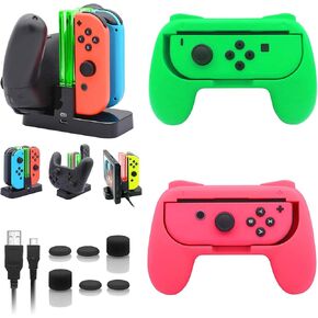 FastsNail شحن الرصيف و 2 حزمة تبديل مجموعة المقابض لنينتندو Switch Joy Con & Oled ، محطة حامل الشاحن مع كابل الشحن ، وحدة تحكم قبضة مقاومة للارتداء مع 6 قبضة الإبهام