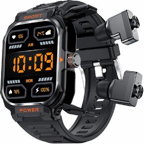 الساعة الذكية العسكرية مع سماعات الأذن ، اتصل ببرنامج Bluetooth Smartwatch TWS اللاسلكي لنظام Android iOS Pitness Watch Rate Sleep Monitor Sports Step Calorie Counter Pedsion 2.01 "HD Screen