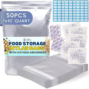 50pcs أكياس mylar Quart لتخزين الطعام - حقائب مايلر ذات سميكة تبلغ مساحتها 10 ملايين بوصة مع امتصاص الأكسجين 400 سم وملصقات ، وحقيبة ziplock للتخزين على المدى الطويل ، والحرارة والفراغ ، كيس مطبخ كبير